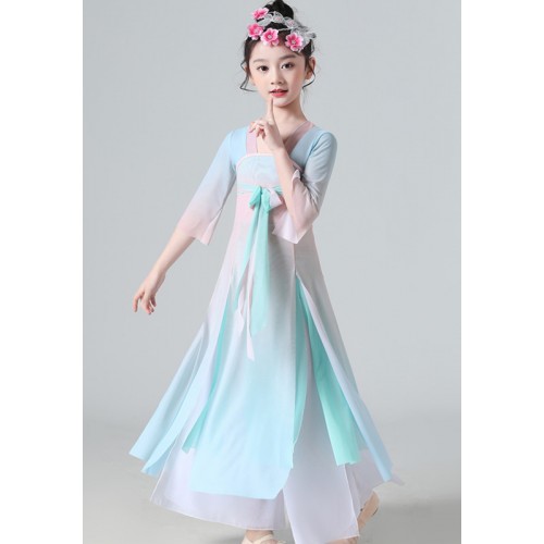 Children's blue pink Chinese folk traditional classical dance costumes ancient style Hanfu fairy dresses yangge umbrella fan group dance gauze elegant clothes for girls
